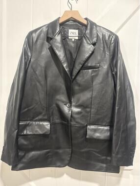 ZARA Black Faux Leather Men's Style Blazer Jacket XL